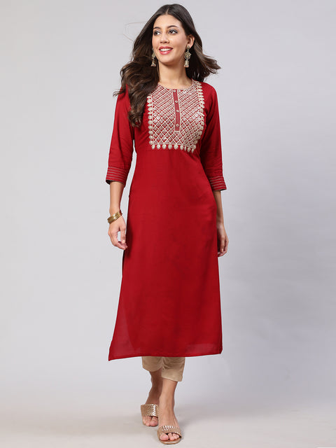 Women Maroon Embroidered Yoke Desgin Straight Kurta