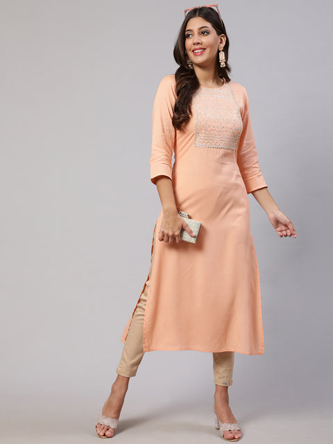 Women Peach Embroidered Straight Kurta With Three Quarter Sleeves