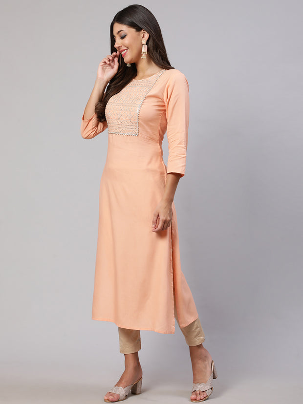 Women Peach Embroidered Straight Kurta With Three Quarter Sleeves