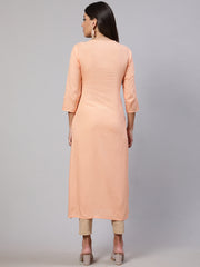 Women Peach Embroidered Straight Kurta With Three Quarter Sleeves