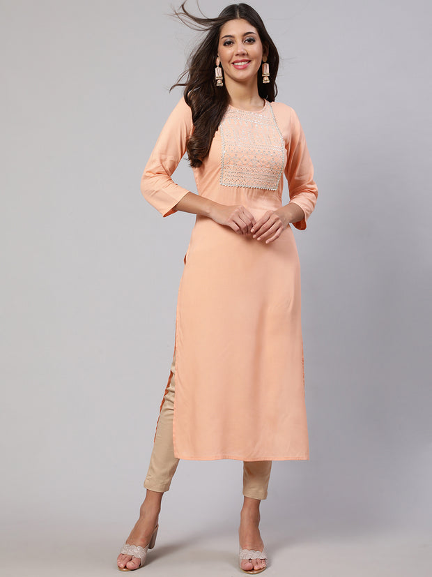 Women Peach Embroidered Straight Kurta With Three Quarter Sleeves