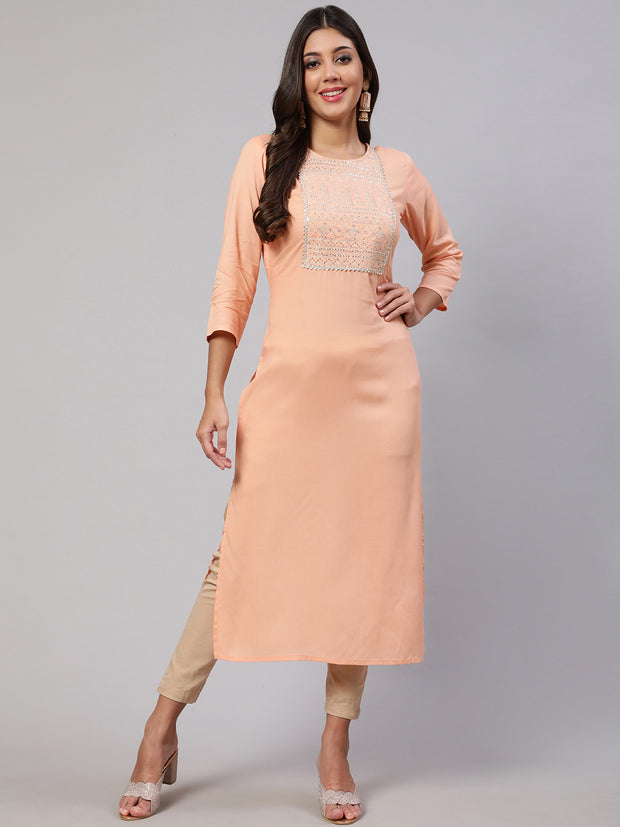 Women Peach Embroidered Straight Kurta With Three Quarter Sleeves