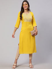 Women Yellow Embroidered Yoke Desgin Straight Kurta