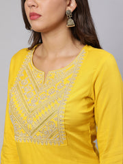 Women Yellow Embroidered Yoke Desgin Straight Kurta