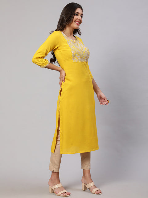 Women Yellow Embroidered Yoke Desgin Straight Kurta