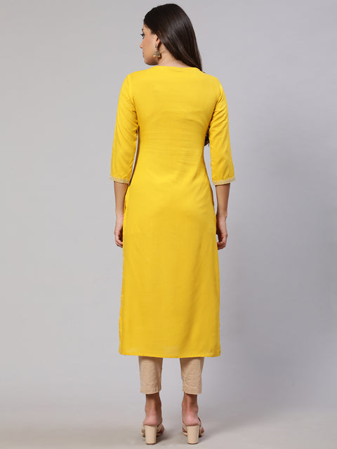 Women Yellow Embroidered Yoke Desgin Straight Kurta