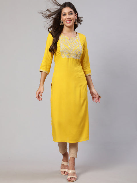 Women Yellow Embroidered Yoke Desgin Straight Kurta