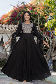 Women Black Embroidered Solid Dress With Net Secquanc Dupatta