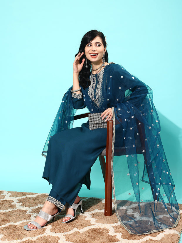 Women Teal Blue Embroidered Straight Kurta With Palazzo And Net Dupatta