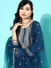 Women Teal Blue Embroidered Straight Kurta With Palazzo And Net Dupatta