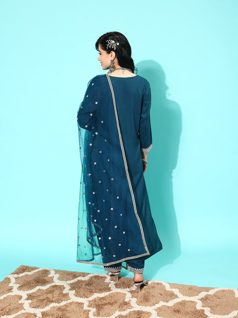 Women Teal Blue Embroidered Straight Kurta With Palazzo And Net Dupatta