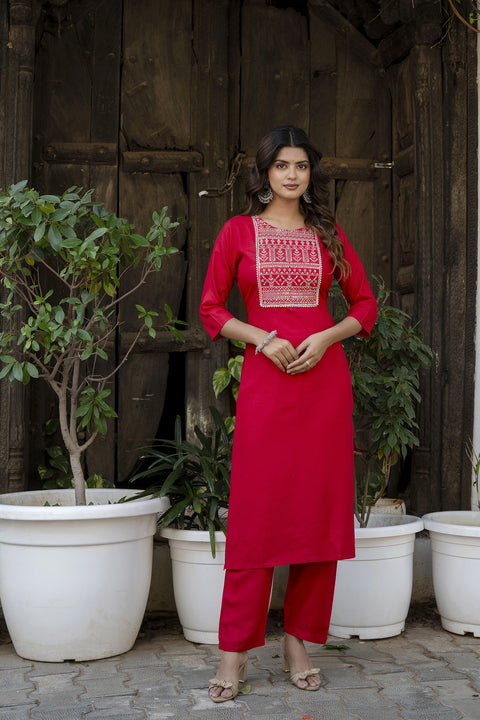 Women Red Embroidered Straight Kurta With Trouser And Net Dupatta