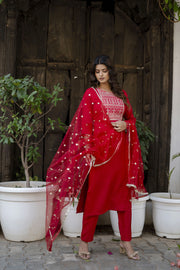 Women Red Embroidered Straight Kurta With Trouser And Net Dupatta