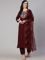 Women Burgundy Embroidered Straight Kurta With Palazzo And Net Dupatta