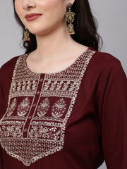 Women Burgundy Embroidered Straight Kurta With Palazzo And Net Dupatta