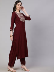 Women Burgundy Embroidered Straight Kurta With Palazzo And Net Dupatta