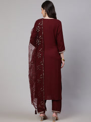 Women Burgundy Embroidered Straight Kurta With Palazzo And Net Dupatta