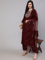 Women Burgundy Embroidered Straight Kurta With Palazzo And Net Dupatta