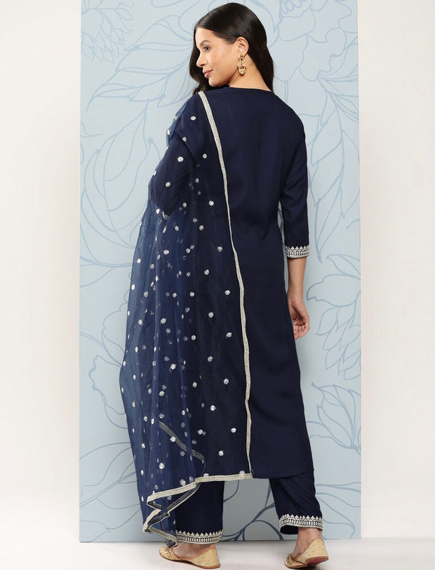 Women Navy Blue Embroidered Straight Kurta With Palazzo And Net Dupatta