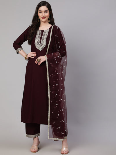 Women Dark Purple Embroidered Straight Kurta With Palazzo And Net Dupatta