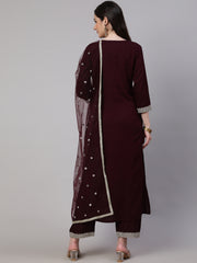 Women Dark Purple Embroidered Straight Kurta With Palazzo And Net Dupatta