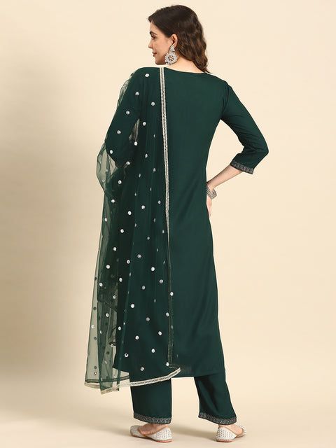 Women Green Embroidered Straight Kurta With Palazzo And Net Dupatta