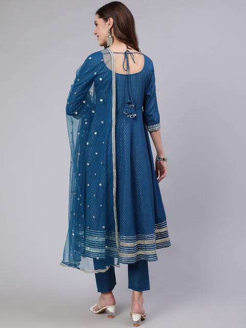 Women Teal Blue Embroidered Flared Kurta With Trouser And Dupatta