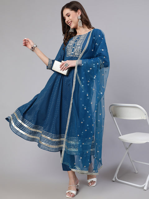 Women Teal Blue Embroidered Flared Kurta With Trouser And Dupatta