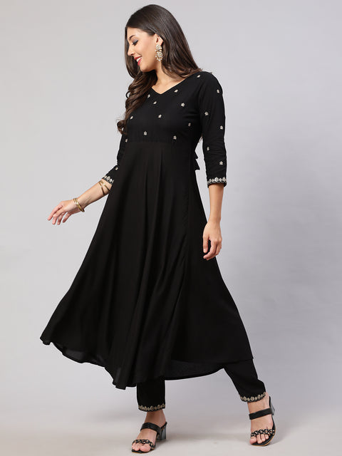 Women Black Embroidered Flared Kurta With Trouser And Net Dupatta