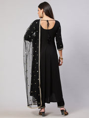 Women Black Embroidered Flared Kurta With Trouser And Net Dupatta