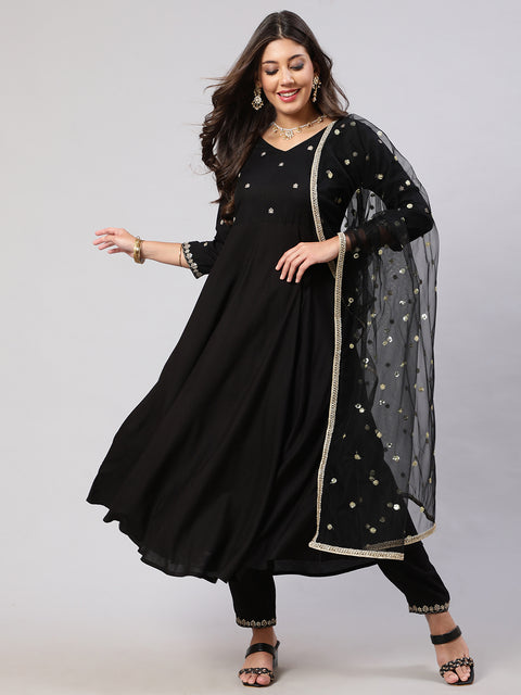 Women Black Embroidered Flared Kurta With Trouser And Net Dupatta