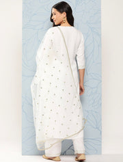 Women White Embroidered Straight Kurta With Palazzo And Net Dupatta