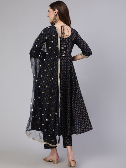 Women Navy Blue Embroidered Flared Kurta With Trouser And Dupatta