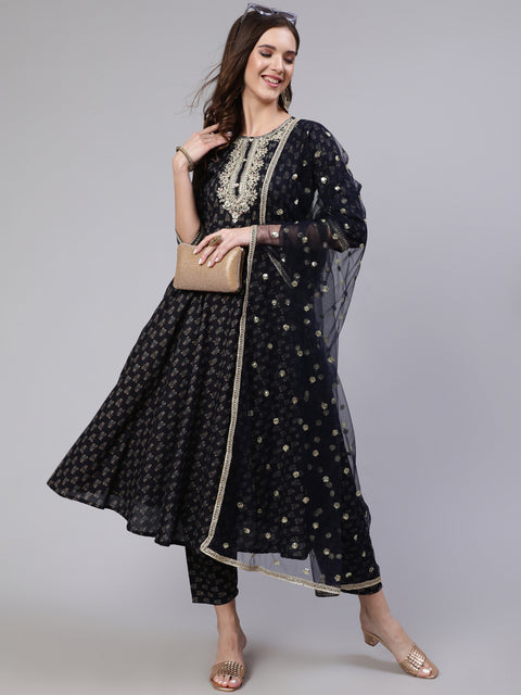 Women Navy Blue Embroidered Flared Kurta With Trouser And Dupatta