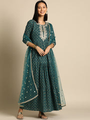 Wome Green Embroidered Flared Dress With Net Dupatta