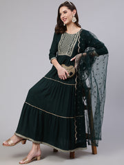 Wome Green Embroidered Flared Dress With Net Dupatta