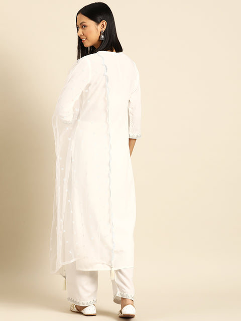 Women White Embroidered Straight Kurta With Palazzo And Net Dupatta