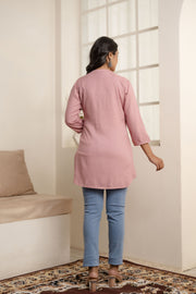 Women Mauve Embroidered Straight Tunic With Three Quaretr Sleeves