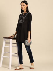 Women Black Embroidered Yoke Straight Tunic With Three Quarter Sleeves
