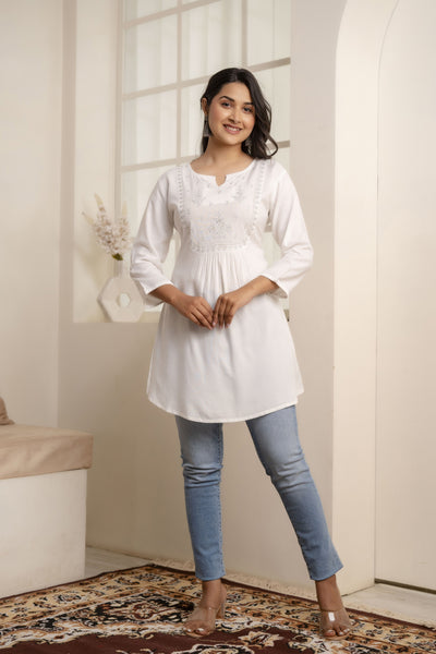 Women White Embroidered Yoke Straight Tunic With Three Quarter Sleeves