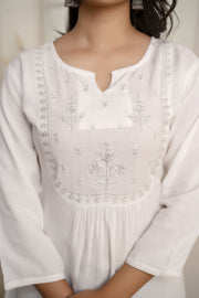Women White Embroidered Yoke Straight Tunic With Three Quarter Sleeves