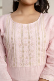 Women Pink Embroidered Yoke Straight Tunic With Three Quarter Sleeves