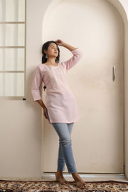 Women Pink Embroidered Yoke Straight Tunic With Three Quarter Sleeves
