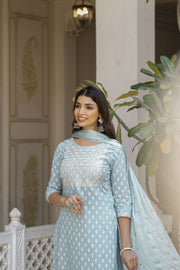 Women Blue Embroidered Straight Kurta With Trouser And Dupatta