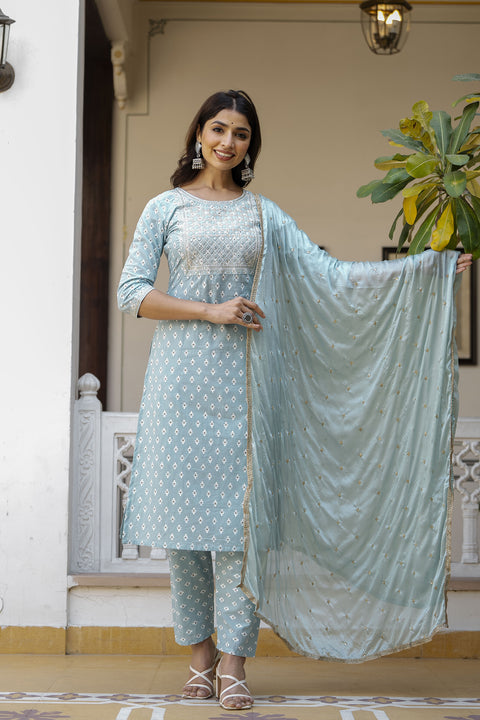 Women Blue Embroidered Straight Kurta With Trouser And Dupatta