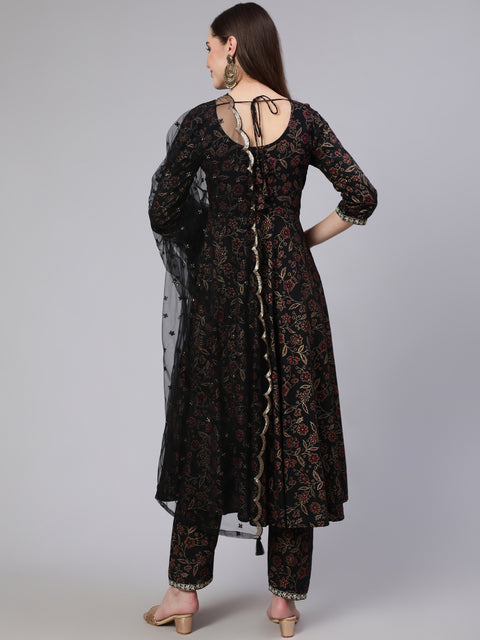 Women Black Embroidered Flared Kurta With Trouser And Dupatta