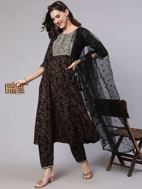 Women Black Embroidered Flared Kurta With Trouser And Dupatta