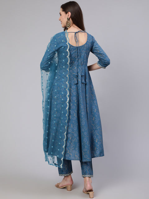 Women Blue Embroidered Flared Kurta With Trouser And Dupatta