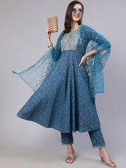 Women Blue Embroidered Flared Kurta With Trouser And Dupatta