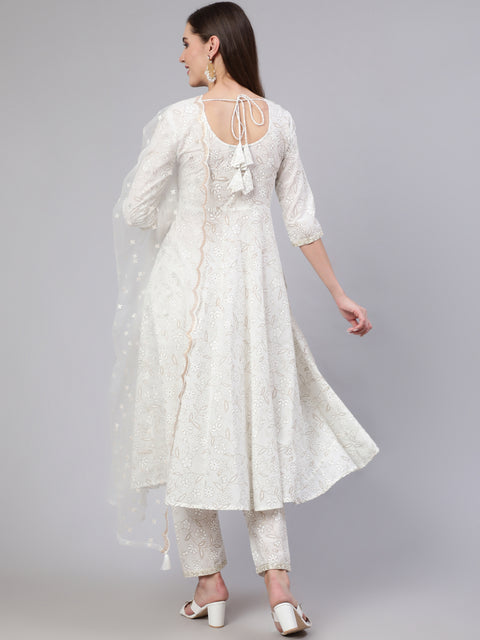 Women White Embroidered Flared Kurta With Trouser And Dupatta